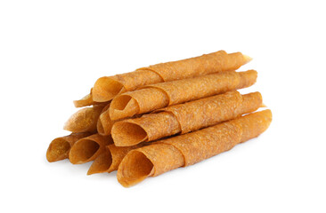 Delicious fruit leather rolls on white background