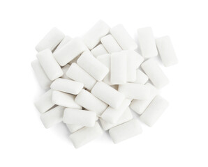 Heap of chewing gum pieces on white background, top view