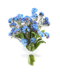 Bouquet of beautiful blue Forget-me-not flowers on white background, top view