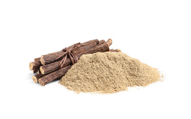 Dried sticks of liquorice root and powder on white background