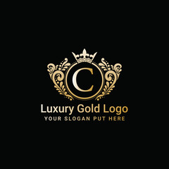 Luxury gold crown logo vector, Letter C icon	