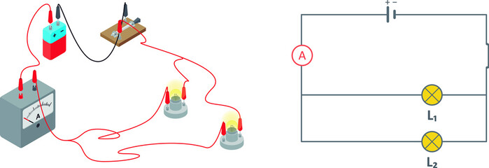 Vector illustration of an electric circuit diagram, isolated on white background. Electric circuit made of a battery, a switch, two parallel lamps and an ammeter.