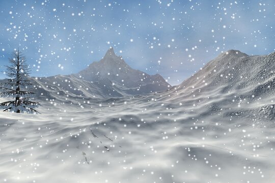 Snowfall,  an alpine landscape, snowy mountains and fog in the atmosphere.