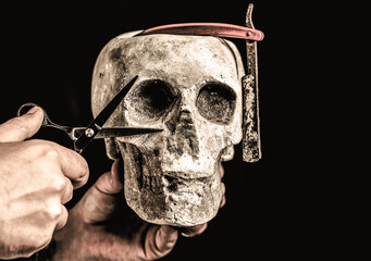 Barber shop tool. Skull barber. Vintage barber shop tools. Barber scissors and straight razor,...