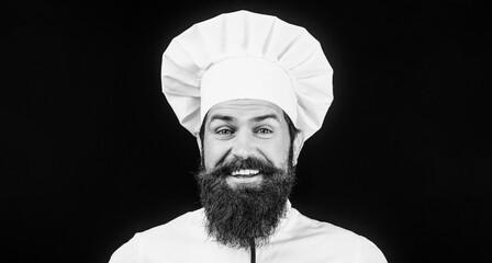 Funny chef with beard cook. Beard man and moustache wearing bib apron. Nappy man. Portrait of a...