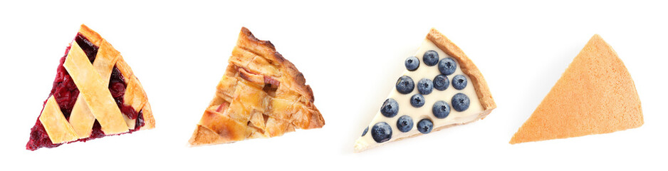 Set with pieces of different delicious pies on white background., top view. Banner design