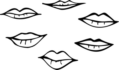 Vector set of lips isolated on white. Part of the human body. Lips shape. Black scribbles on a white background