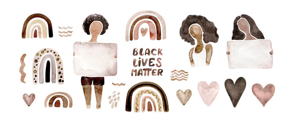 watercolor Girl Power frame set. Woman's hand with her fist raised up over feminism watercolor. Feminism female symbol concept. Black lives matter illustration.