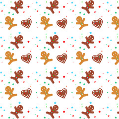 Pattern Vector illustration of cute gingerbread. Little man, heart. On white background. 