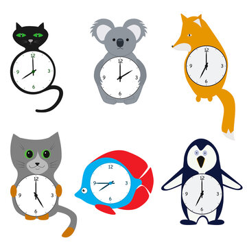 Set of Wall Clocks for children. The image of a Clock in the form of animals for a children's room. Isolated vector image on white background in flat style.