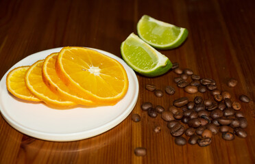 Orange slices, coffe beans and lime - texture