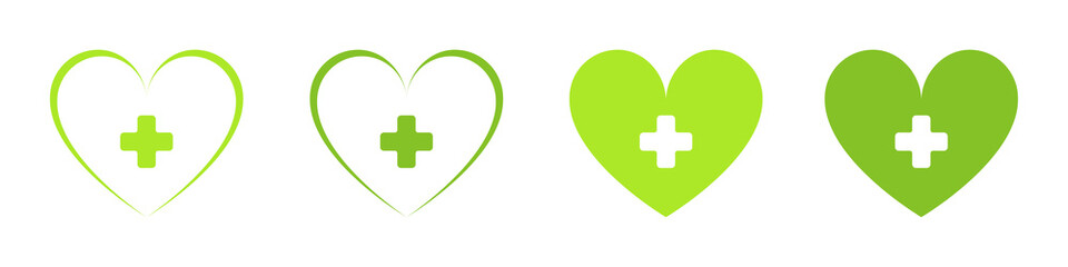 Green heart with a white cross. Hospital symbol. Illustration. Set.