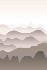 Obraz premium Monochrome landscape with waves. Sun set sky. Warm grey and beige foggy mountains silhouette. Sandy desert dunes. Nature and ecology. Vertical orientation. For social media, post cards and posters