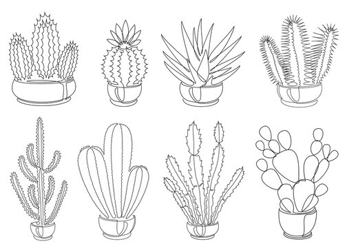 Cactus collection. Indoor potted plant in modern trendy single line style. Solid line, outline for decor, posters, stickers, logo. Vector illustration set.