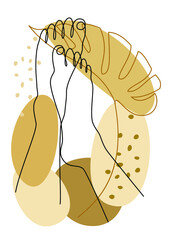 Silhouettes of human feet feet and leaves in modern one line style. Continuous drawing with plants, decor outline, wall poster, stickers, logo. Vector illustration.