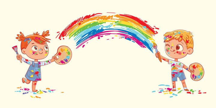 Boy and girl draw a rainbow together