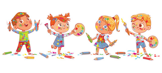 Group of children are holding artist's palette, paint brushes and pencils
