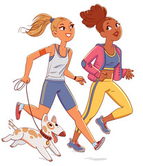 Two girls jogging with a dog. Funny cartoon character