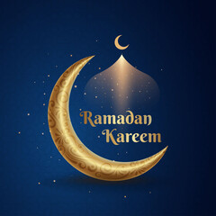 Ramadan Kareem greeting card banner design with gold crescent and the mosque sparkling vector illustration