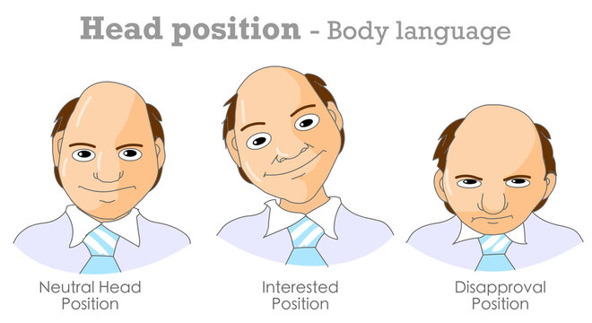 Body language, head position. Examples. Neutral, interested, disapproval. Eye view, glance pointing. Head tilt, up, down. Nonverbal communication. Psychology, acting. Illustration vector
