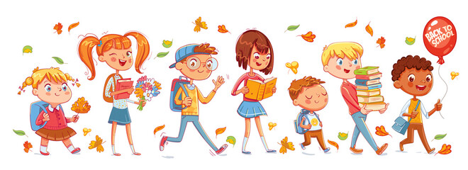School time. Children go to school. Funny cartoon character
