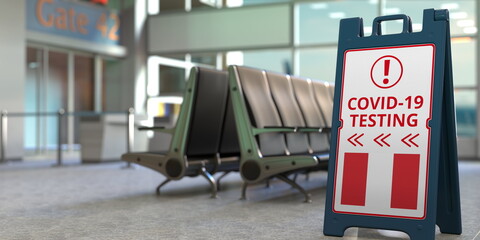 National flag of Peru and COVID-19 testing text on a sandwich board sign in the airport. 3D rendering