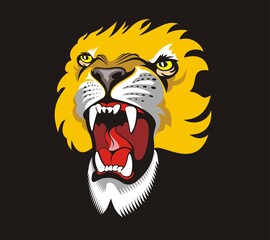 Fototapeta premium Gold roaring lion. Angry animal grinning face. Print on dark background