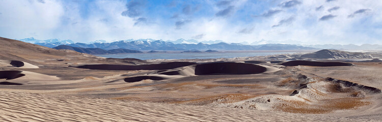 Panorama of sand dunes in Ngari, Western Tibet, China