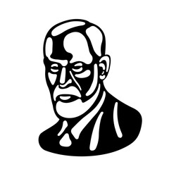 Sigmund Freud is the father of psychoanalysis. Black and white portrait on a white background. Black stencil. Ego, superego, libodo, sexuality. Vector illustration.
