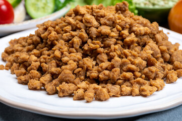 Vegetarian minced meat imitation made from grains, soybeans, vegetables and legumes