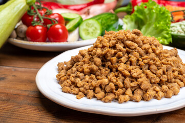Vegetarian minced meat imitation made from grains, soybeans, vegetables and legumes