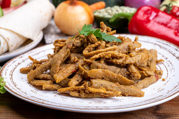 Vegetarian Shawarma meat imitation made from grains, soybeans, vegetables and legumes