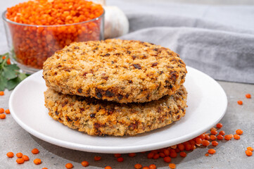 Healthy vegetarian or vegan food, meat free burger made from orange lentils legumes