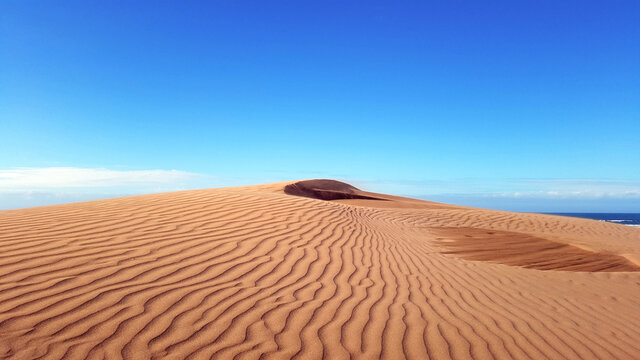 beautiful desert red sand dune with blue sky in the background. wind waves effects or ripples lines on sands close up.