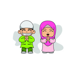 Cute Couple Muslim Kids, The Cute Two Muslim Kids Praying, two cute kids smile and happy vector illustration