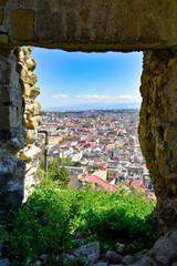 Panorama of the historic city center of Naples from a ruined wall, Italy.