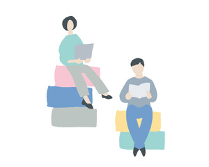 積み木　男女　仕事　読書　全身イラスト　Building blocks,Men and women,Full body illustration