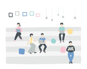 おしゃれなオフィスの階段で自由に過ごす男女　Men and women spending time freely on the stairs of a fashionable office