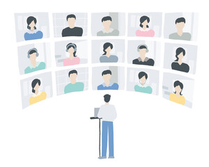 大人数とオンラインミーティングをする男性　Men having an online meeting with a large number of people