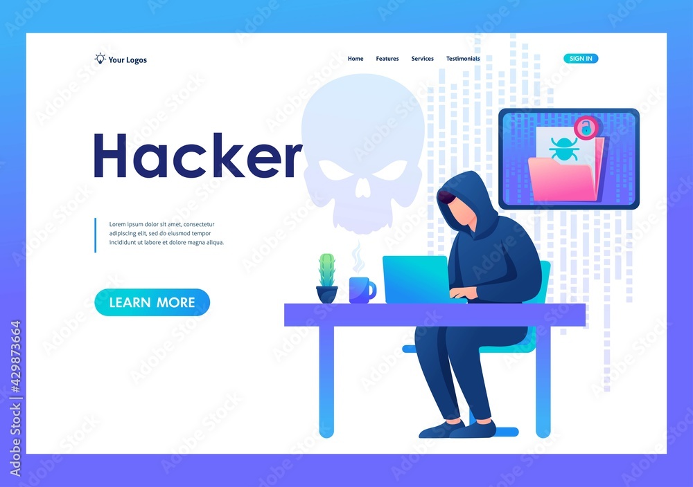 Poster hacker working on a laptop, cyber fraud, email hacking. flat 2d landing page