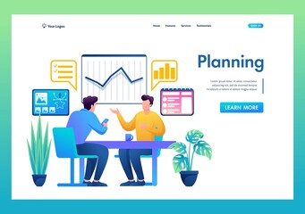 Communication of partners and planning of profit from the project of the creative team. Flat 2D landing page