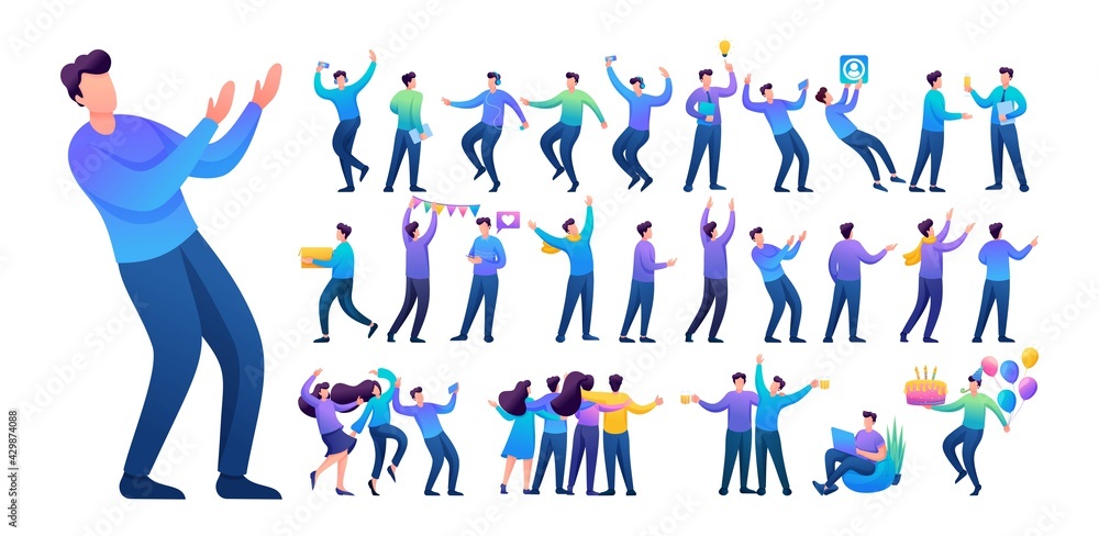 Poster set of a fun teen man. presentation in various in various poses and actions. 2d flat character vecto