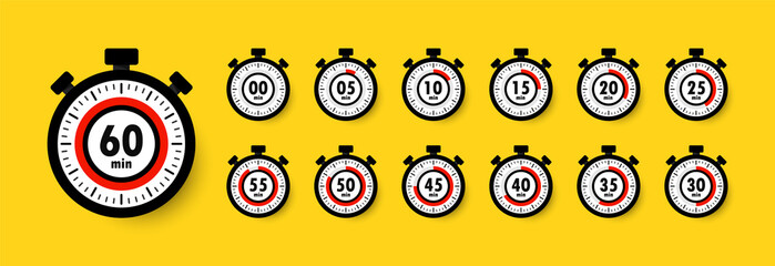 Stopwatch icon set isolated on yellow with shadow. Timer. Chronometer. Countdown 5,10,15,20,25,30,35,40,45,50,55,60 minutes. Sport clock with red colored time meaning. Vector illustration. EPS 10