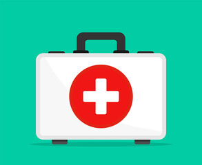 Medical suitcase white, first aid kit isolated on green background. Ambulance, help, healthcare, accident and treatment concept. Health care and diagnostics. Vector illustration EPS 10