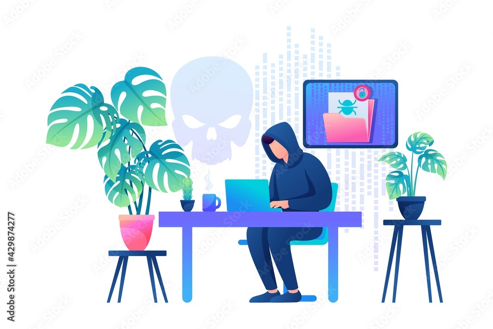 Poster hacker working on a laptop, cyber fraud, email hacking. flat 2d web design