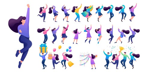 Set of a fun teen girl. Presentation in various in various poses and actions. 2D Flat character vector illustration N9