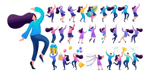 Set of a fun teen girl. Presentation in various in various poses and actions. 2D Flat character vector illustration N10