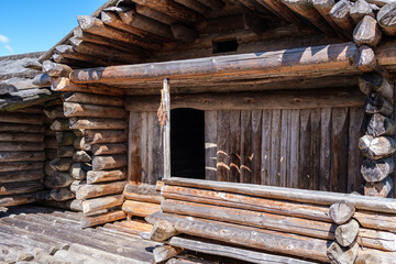 details of old restored wooden log castle