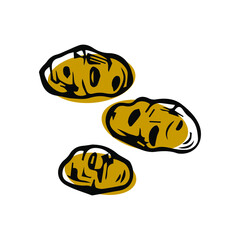 Three Potatoes Outline Sketch with a spot of paint isolated on a white background. Vector Doodle Illustration. Ideal for print, decor or design template