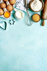Culinary background with ingredients and props for baking. Top view with copy space.